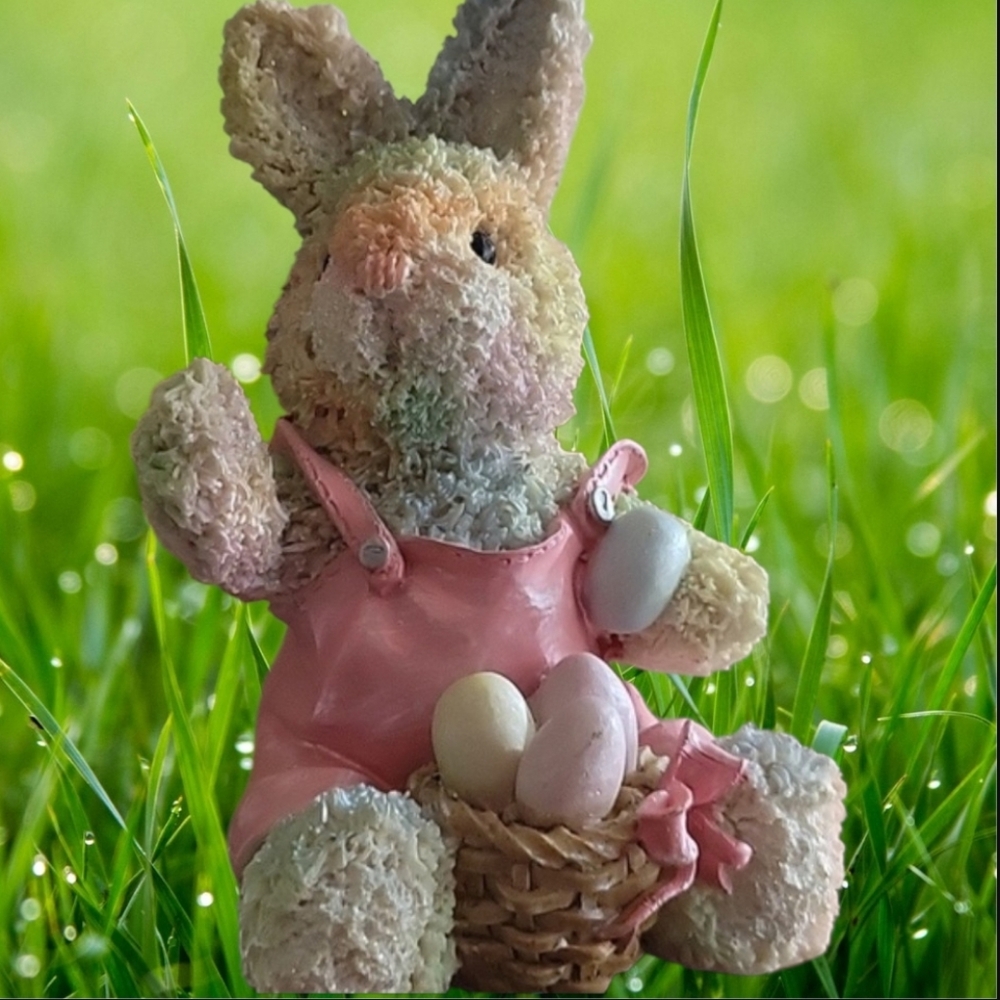 Hand Painted Bunny Figurine Pink Overalls Basket Pastel Eggs Approx 5.5" - Picture 1 of 11
